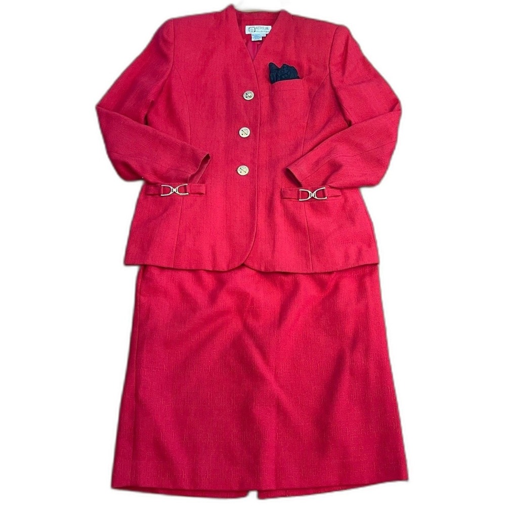 Vintage 80s Red Power Pencil Skirt Suit 10 Textured Blazer Atrium Collection